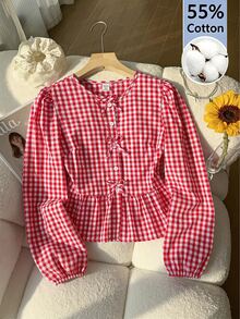 SHEIN 青少年女孩秋季上衣圓領長袖休閒度假風可愛蝴蝶結裝飾，秋冬穿搭，返校季，休閒，蝴蝶結正式派對紅色 - 紅色 - 查看 6