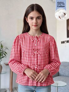 SHEIN 青少年女孩秋季上衣圓領長袖休閒度假風可愛蝴蝶結裝飾，秋冬穿搭，返校季，休閒，蝴蝶結正式派對紅色 - 紅色 - 查看 2