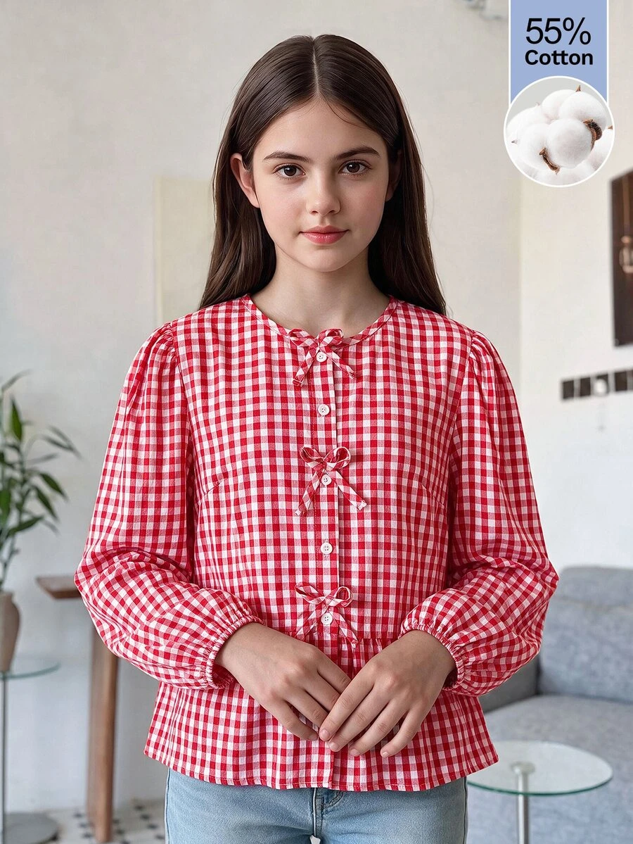 SHEIN 青少年女孩秋季上衣圓領長袖休閒度假風可愛蝴蝶結裝飾，秋冬穿搭，返校季，休閒，蝴蝶結正式派對紅色