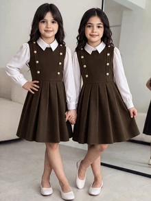 SHEIN 女童 2 合 1 長袖洋裝，秋季泡泡袖襯衫，棕色與白色高腰百褶 A 字裙，優雅學院風，巧克力棕 - 棕色 - 查看 3