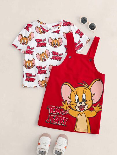 TOM & JERRY X SHEIN Ensemble de tenue décontractée quotidienne pour jeune fille avec t-shirt à manches courtes imprimé de dessins animés et robe salopette