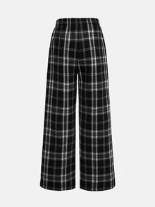 SHEIN 兒童青少年女孩黑白格紋休閒通勤保暖內裡寬腿長褲 - 黑與白 - 查看 2