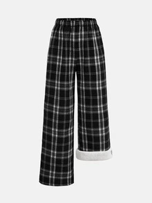 SHEIN 兒童青少年女孩黑白格紋休閒通勤保暖內裡寬腿長褲 - 黑與白 - 查看 3