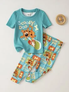 SCOOBY-DOO X SHEIN Baby Boy Cartoon Print Top And Leggings Loungewear Set - Green - View 1