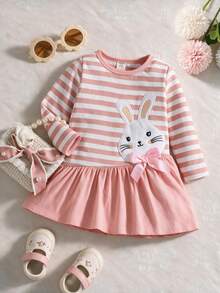 Souflis Souflis Baby Girl Striped & Cartoon Graphic Bow Front Ruffle Hem Dress Autumn Fall - Multicolor - View 1