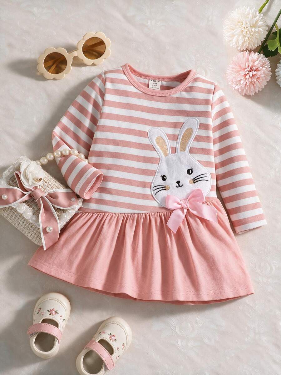 Souflis Souflis Baby Girl Striped & Cartoon Graphic Bow Front Ruffle Hem Dress Autumn Fall - Multicolor - View 1