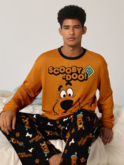 SCOOBY-DOO X SHEIN Men's Letter Cartoon Print Long Sleeve Top And Pants Casual Daily Loungewear Set