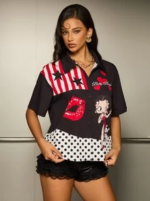 Betty Boop x SHEIN Women's Letter Cartoon Print Casual Daily Wear Shirt - Black - View 3