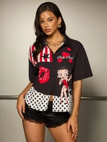 Betty Boop x SHEIN Women's Letter Cartoon Print Casual Daily Wear Shirt - Black - View 4