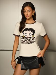 Betty Boop x SHEIN Women's Leopard Print Letter Graphic Short Sleeve Casual T-Shirt - Apricot - View 4