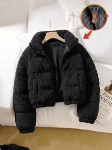 SHEIN Tween Girl Plush Fleece Kids Lined Thickened Solid Color Stand Collar Loose Casual Short Padded Coat, Winter/Autumn/Spring/Summer - Black - View 2