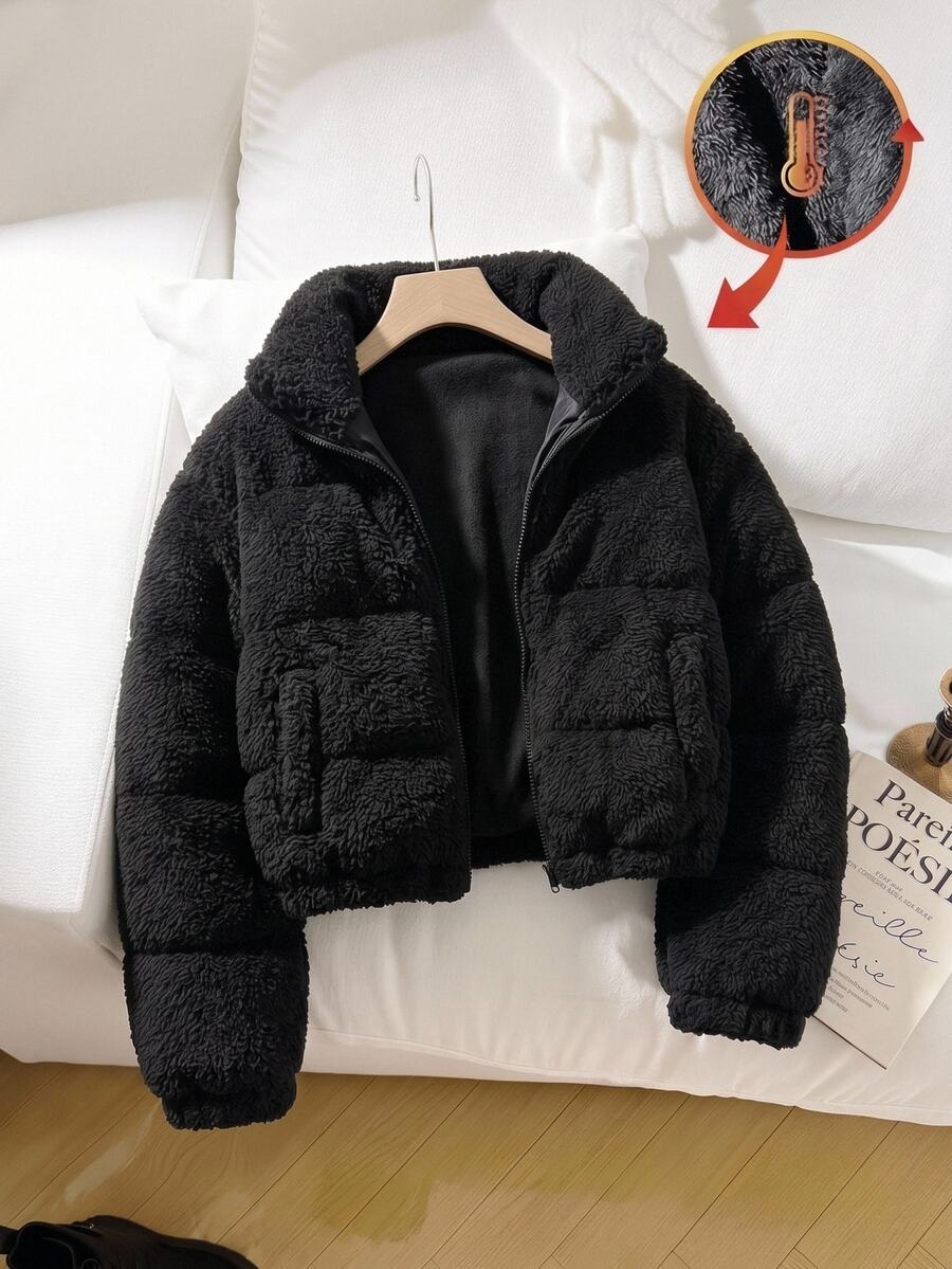 SHEIN Tween Girl Plush Fleece Kids Lined Thickened Solid Color Stand Collar Loose Casual Short Padded Coat, Winter/Autumn/Spring/Summer