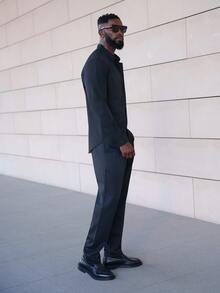 thenoahjr thenoahjr Men's Black Winter Basic Business Casual Office Stand-Up Collar Solid Color Button Long Sleeve Shirt,Formal Fall Old Money Style For Commuting - Black - View 5