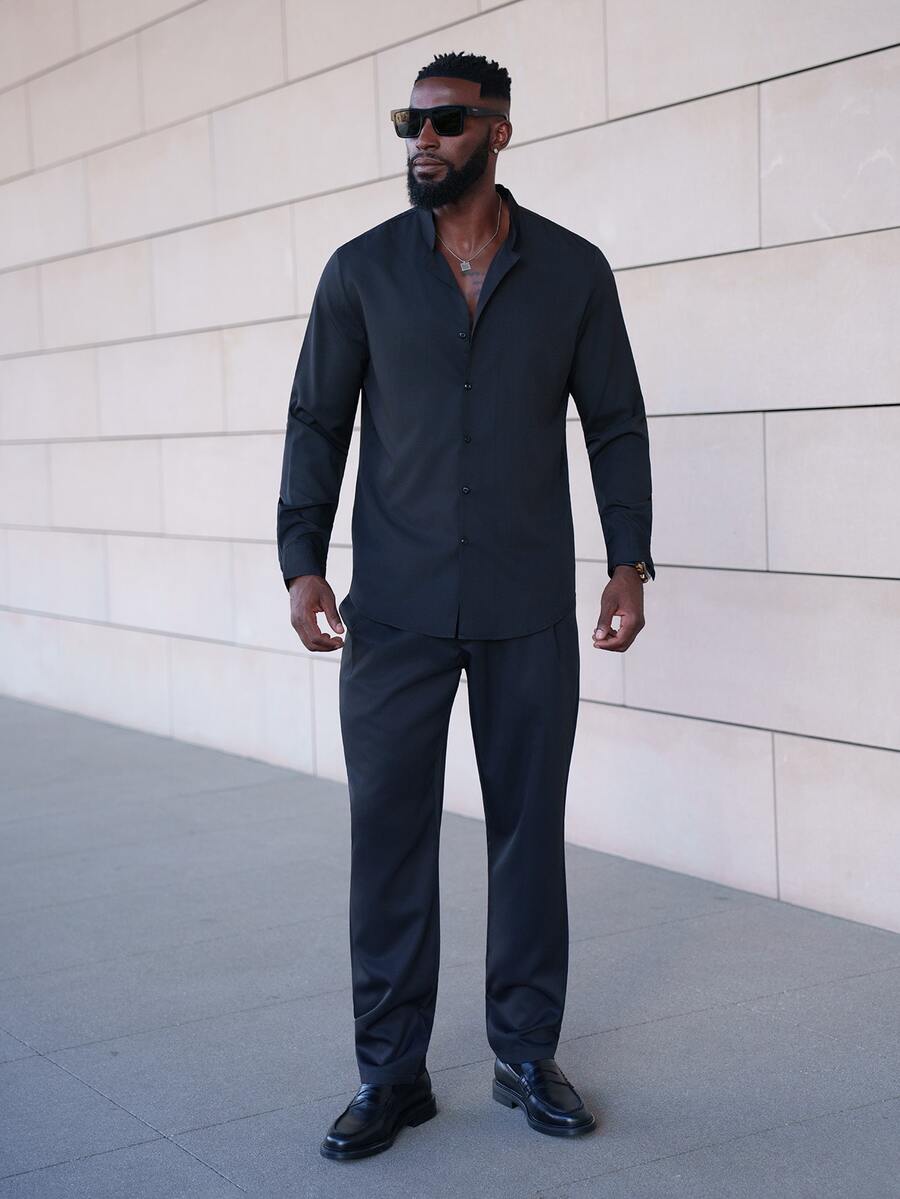thenoahjr thenoahjr Men's Black Winter Basic Business Casual Office Stand-Up Collar Solid Color Button Long Sleeve Shirt,Formal Fall Old Money Style For Commuting - Black - View 1