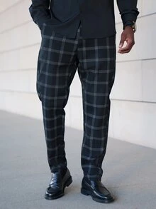 thenoahjr thenoahjr Men Plaid Print Slant Pocket Suit Pants For Ceremony Formal - Black - View 3