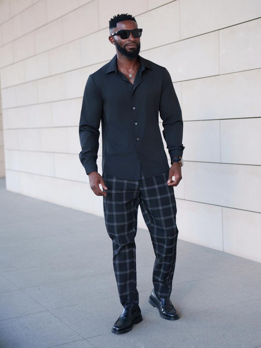 thenoahjr thenoahjr Men Plaid Print Slant Pocket Suit Pants For Ceremony Formal - Black - View 1