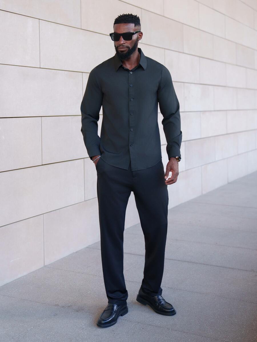 thenoahjr thenoahjr Men's Solid Color Stand Collar Long Sleeve Formal Shirt, For Fall, Ceremony - Black - View 1