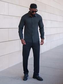 thenoahjr thenoahjr Men's Solid Color Stand Collar Long Sleeve Formal Shirt, For Fall, Ceremony - Black - View 3