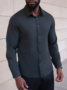 thenoahjr thenoahjr Men's Solid Color Stand Collar Long Sleeve Formal Shirt, For Fall, Ceremony - Black - View 6