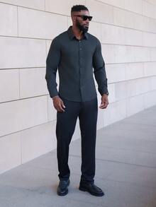 thenoahjr thenoahjr Men's Solid Color Stand Collar Long Sleeve Formal Shirt, For Fall, Ceremony - Black - View 5