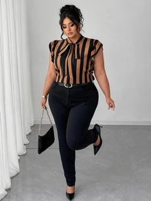 Elenzga Plus Size Casual/Office Black & White Striped Tie Sleeve Design Blouse - Multicolor - View 5