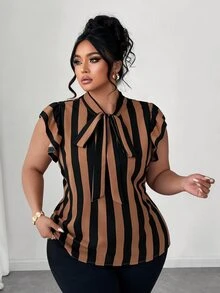 Elenzga Plus Size Casual/Office Black & White Striped Tie Sleeve Design Blouse - Multicolor - View 2