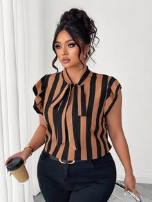 Elenzga Plus Size Casual/Office Black & White Striped Tie Sleeve Design Blouse - Multicolor - View 8