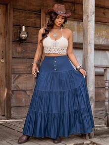 Nubod Plus Size Casual Vacation Multi-Layer Skirt Fall - Navy Blue - View 6