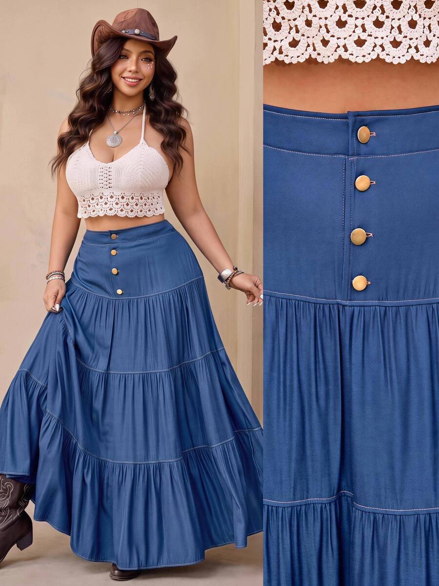 Nubod Plus Size Casual Vacation Multi-Layer Skirt Fall - Navy Blue - View 1