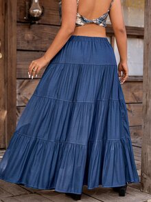Nubod Plus Size Casual Vacation Multi-Layer Skirt Fall - Navy Blue - View 2