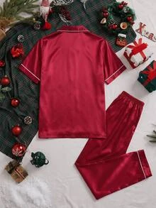 SHEIN Bộ đồ ngủ nam tay ngắn cổ bẻ viền tương phản màu trơn phong cách tối giản - Đỏ - Xem 3