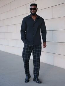 thenoahjr thenoahjr 男士商务休闲长袖纯黑色衬衫，百搭，适合秋季 - 黑色 - 查看 1