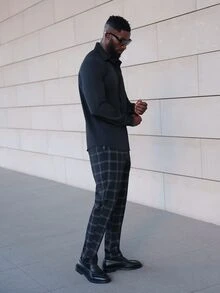 thenoahjr thenoahjr 男士商务休闲长袖纯黑色衬衫，百搭，适合秋季 - 黑色 - 查看 3