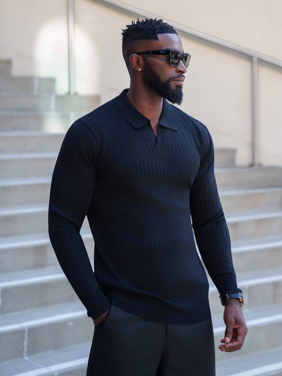 thenoahjr thenoahjr ALTZTAR Men's Loose Fit Thin Long Sleeve Striped Knit Polo Shirt, Minimalist & Fashionable, Suitable For Daily Commute In Spring/Autumn - Black - View 1