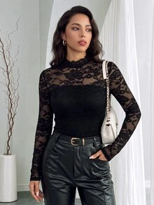 Rafferiza Women's Elegant Solid Color Lace Collar Long Sleeve T-Shirt - Black - View 1