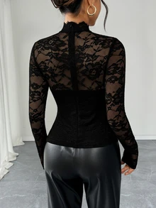 Rafferiza Women's Elegant Solid Color Lace Collar Long Sleeve T-Shirt - Black - View 2