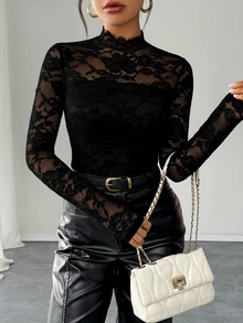 Rafferiza Women's Elegant Solid Color Lace Collar Long Sleeve T-Shirt - Black - View 4