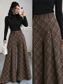 Elenzga Women's Solid Color Long Sleeve Top And Plaid Pants Casual Daily 2 Pieces Set - Multicolor - View 1