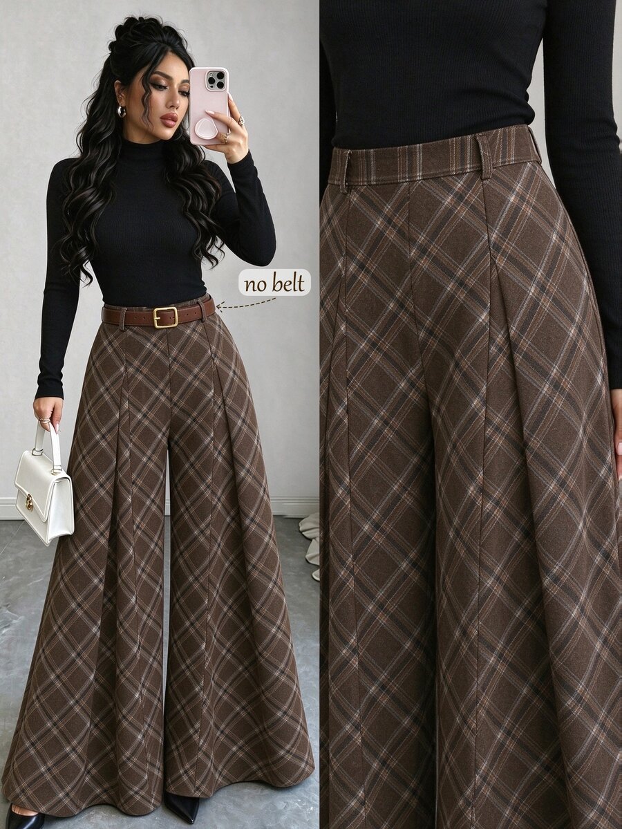 Elenzga Women's Solid Color Long Sleeve Top And Plaid Pants Casual Daily 2 Pieces Set - Multicolor - View 1