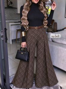 Elenzga Women's Solid Color Long Sleeve Top And Plaid Pants Casual Daily 2 Pieces Set - Multicolor - View 2