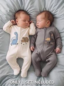 SHEIN Newborn Baby Dinosaur Print Casual Daily Home Wear One-Piece Long Pants Pajamas - Beige - View 3
