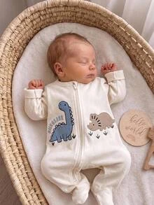 SHEIN Newborn Baby Dinosaur Print Casual Daily Home Wear One-Piece Long Pants Pajamas - Beige - View 1