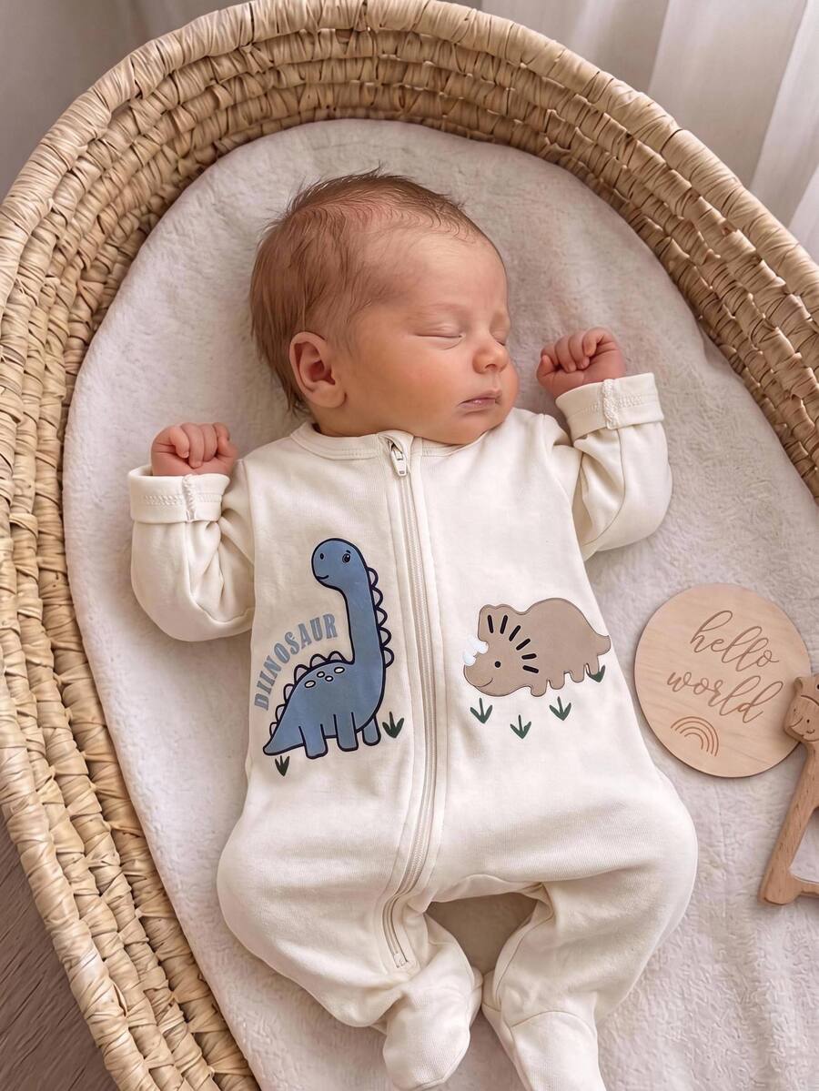SHEIN Newborn Baby Dinosaur Print Casual Daily Home Wear One-Piece Long Pants Pajamas - Beige - View 1