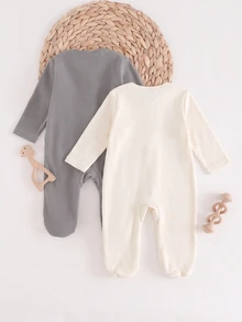 SHEIN Newborn Baby Dinosaur Print Casual Daily Home Wear One-Piece Long Pants Pajamas - Beige - View 2