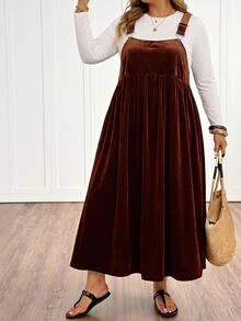 SHEIN CURVE+ 大尺碼休閒正式純色洋裝，適合夏季、聖誕、晚宴、雞尾酒會，黑色、棕色 - 咖啡棕 - 查看 4