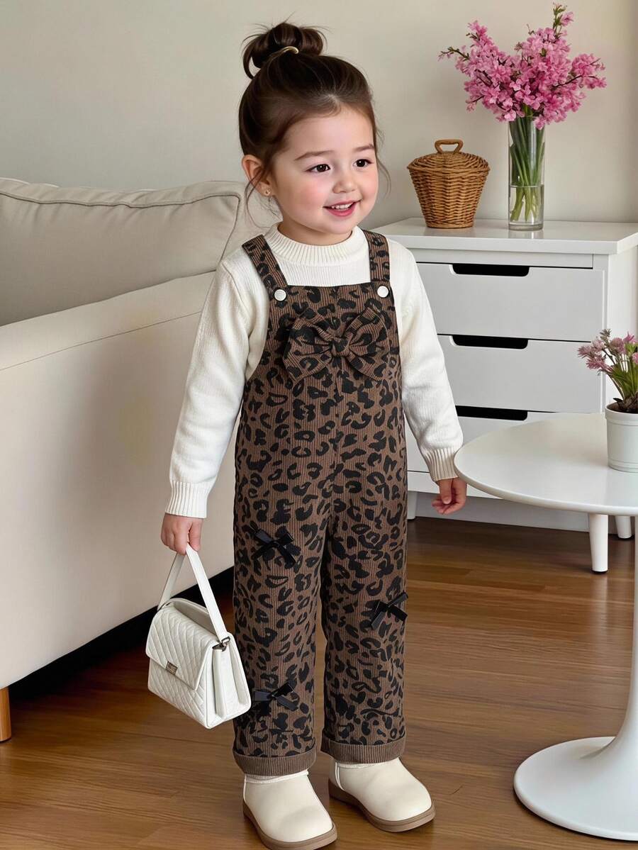 SHEIN 女童幼兒燈芯絨吊帶連身褲,四季皆宜,可愛仙女牛仔風,白色,胸前大 3D 蝴蝶結,豹紋,秋季生日棕色 - 咖啡棕 - 查看 1