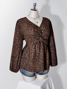 SHEIN ICON Women's Plus Size Autumn/Winter Retro Sexy Simple Casual Commuter Millennial Style Y2K Twisted Leopard Print Lantern Sleeve Shirt - Brown - View 7