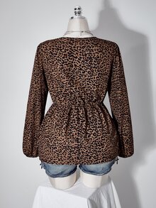 SHEIN ICON Women's Plus Size Autumn/Winter Retro Sexy Simple Casual Commuter Millennial Style Y2K Twisted Leopard Print Lantern Sleeve Shirt - Brown - View 4