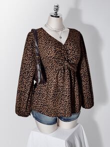SHEIN ICON Women's Plus Size Autumn/Winter Retro Sexy Simple Casual Commuter Millennial Style Y2K Twisted Leopard Print Lantern Sleeve Shirt - Brown - View 6