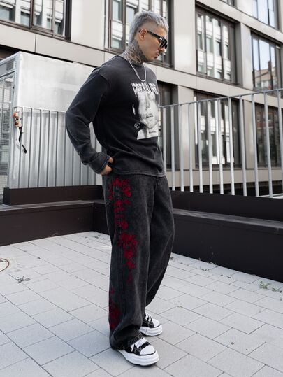 Artur Kramer 1 chiếc quần jeans denim đen thêu họa tiết hiệu Justice Brother, kiểu dáng rộng rãi, thoải mái, ống rộng, phù hợp cho mọi mùa (không bao gồm thắt lưng/phụ kiện)